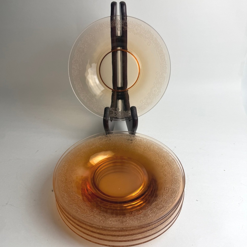 Vintage Amber Fostoria Etched Vesper‎ Amber Plates 6" Saucers Set of 6